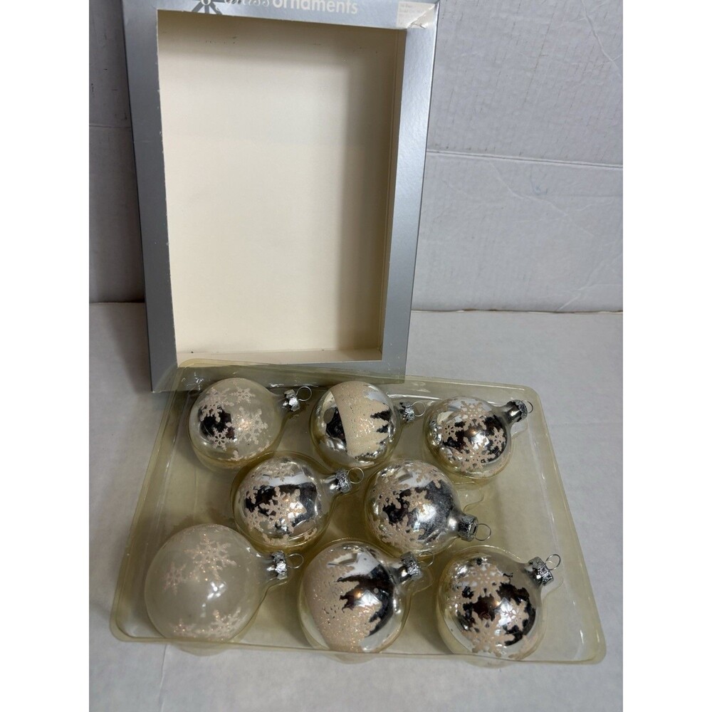 Target 2004 Set of 8 Glass Christmas Ornaments Silver Snowflakes Trees w/ Box